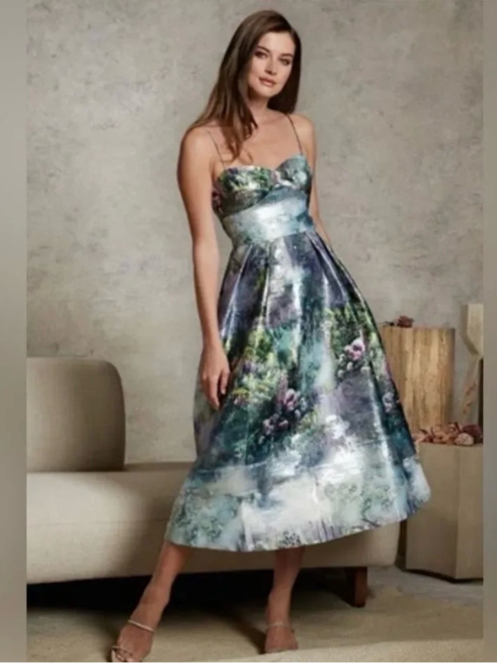 Monique Lhuillier Floral Garden Monet Print Midi Dress with Spaghetti Straps